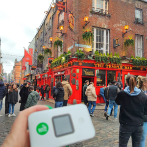 Portable WiFi unit being displayed by someone outside a pub in Temple Bar, Dublin