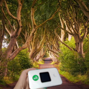 Individual showcasing a portable WiFi device while standing on Bregagh Road in Northern Ireland, otherwise known as the Dark Hedges or King's Road in Game of Thrones