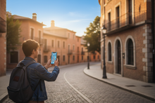 A street-level photography of a young person holding a smartphone using a map app, standing on a charming paved street. The background is beautifully blurred (bokeh), showing architecture that looks European but not specific to one country (brick and stone mixture). Warm golden hour sunlight hitting the person. The focus is on the ease of travel and technology. The sky area is clear and bright for website headers. Photorealistic, candid travel style. --ar 16:9 --v 6.0
